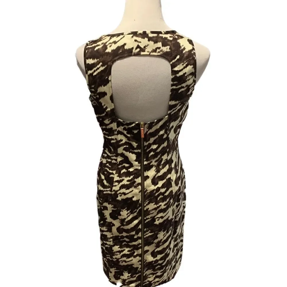 Michael Kors Open Back Brown and Cream Sleeveless Shift Dress Sz 6
